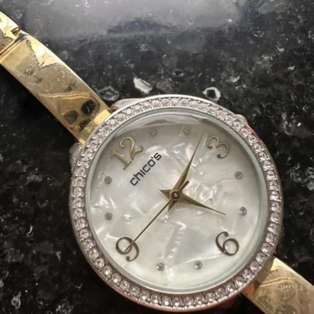 Chico’s Large Face Mother of Pearl Pave Rhinestone Goldtone Delicate‎ Band Watch
